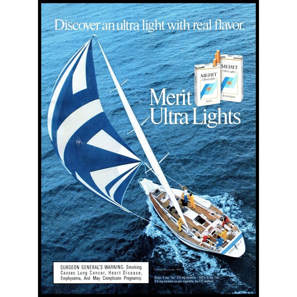 1987 Merit Cigarettes Vintage Print Ad Sailboat Sailing Yacht Sail Boat Ocean